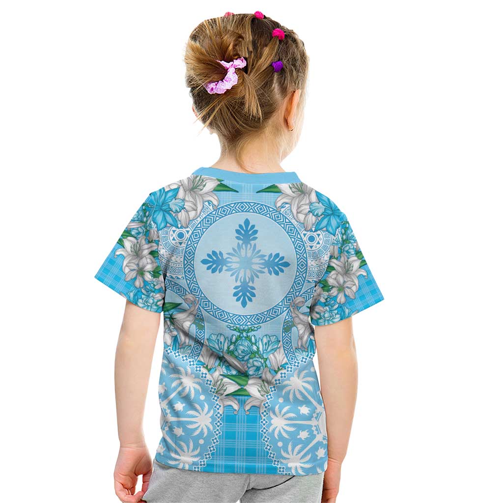 Hawaii Cyan Palaka Kid T Shirt With Tapa Pattern Tropical Flowers LT05 - Polynesian Pride