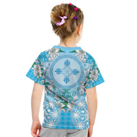 Hawaii Cyan Palaka Kid T Shirt With Tapa Pattern Tropical Flowers LT05 - Polynesian Pride