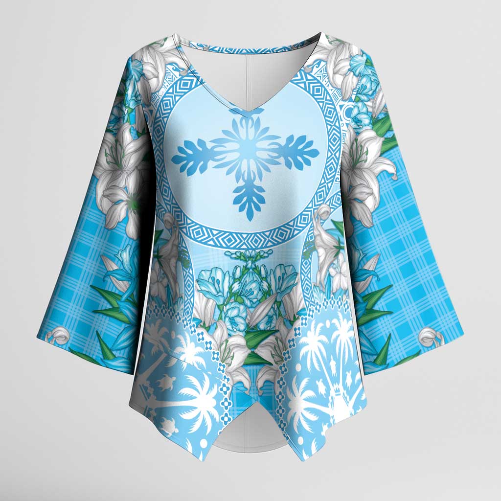 Hawaii Cyan Palaka Kimono Sleeve Blouse With Tapa Pattern Tropical Flowers - Polynesian Pride