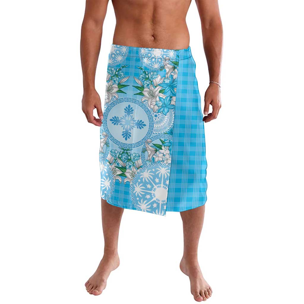 Hawaii Cyan Palaka Lavalava With Tapa Pattern Tropical Flowers - Polynesian Pride
