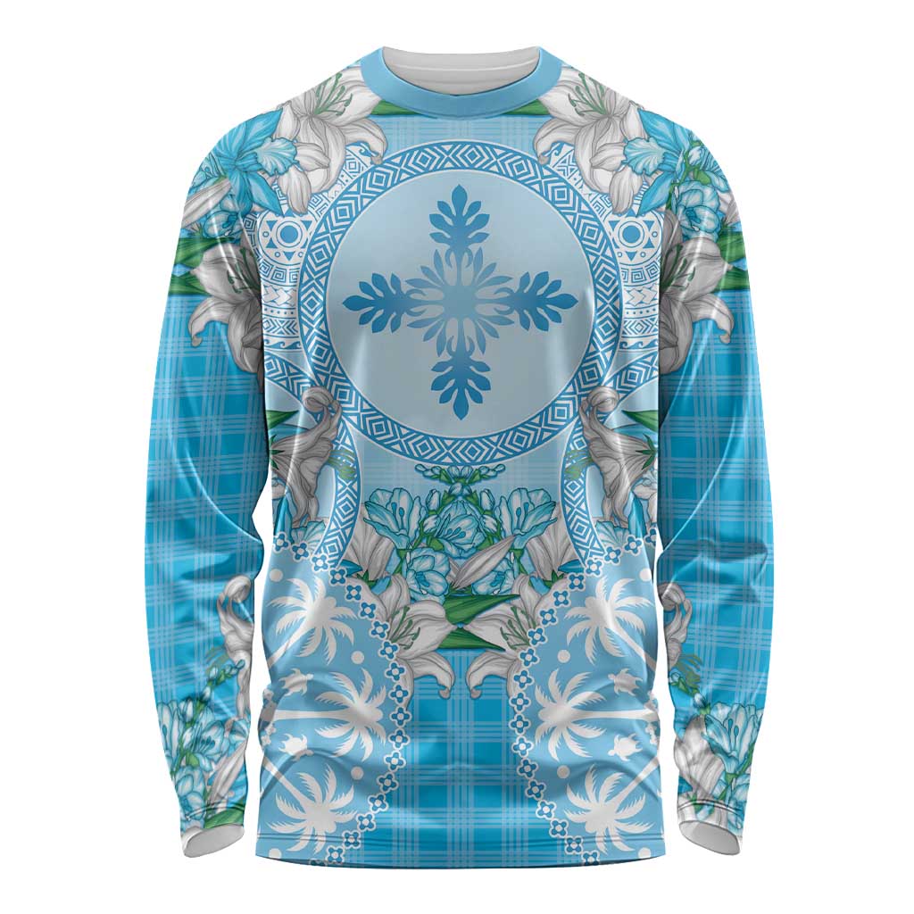 Hawaii Cyan Palaka Long Sleeve Shirt With Tapa Pattern Tropical Flowers - Polynesian Pride