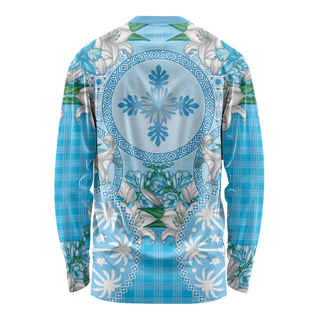 Hawaii Cyan Palaka Long Sleeve Shirt With Tapa Pattern Tropical Flowers - Polynesian Pride