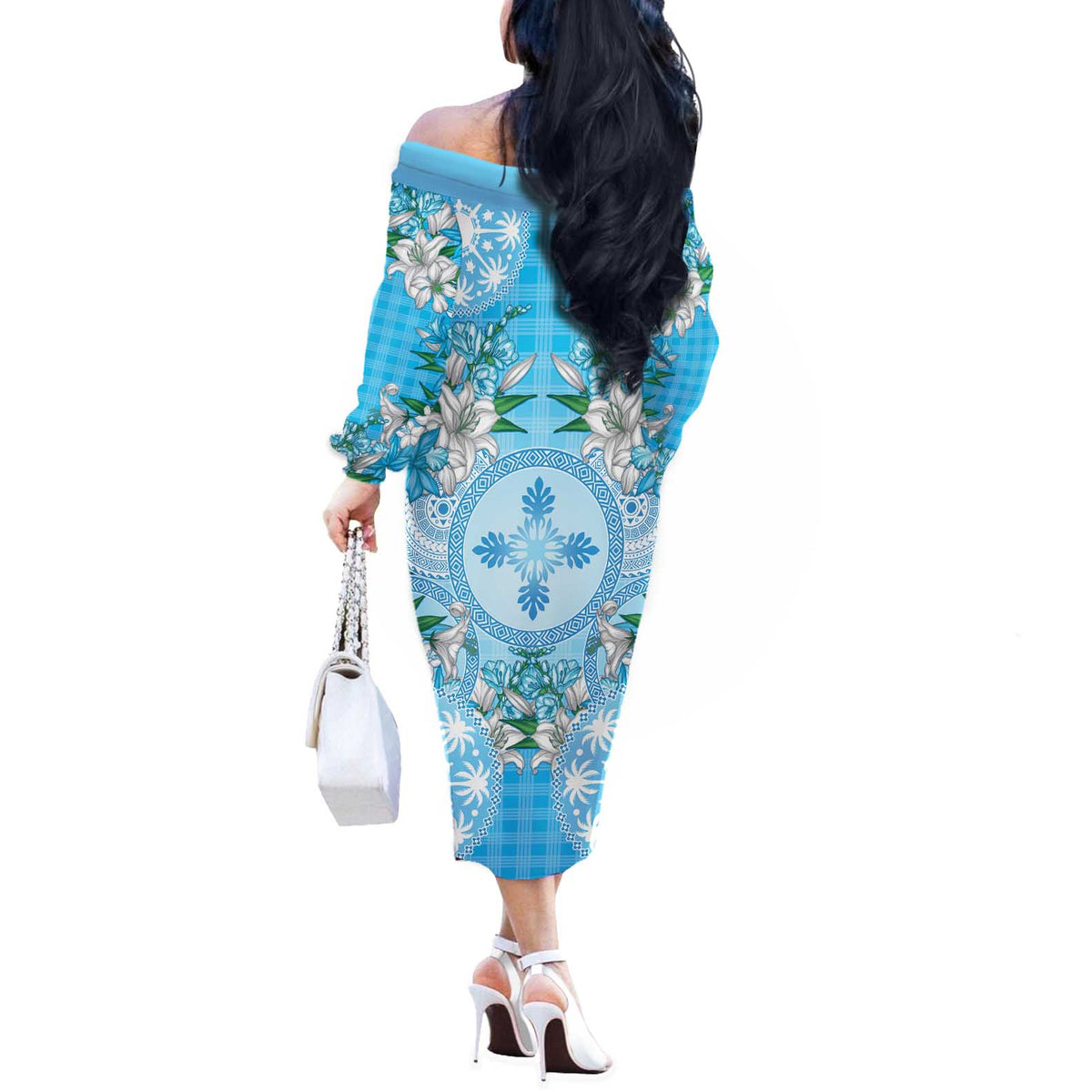 Hawaii Cyan Palaka Off The Shoulder Long Sleeve Dress With Tapa Pattern Tropical Flowers LT05 - Polynesian Pride
