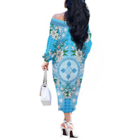 Hawaii Cyan Palaka Off The Shoulder Long Sleeve Dress With Tapa Pattern Tropical Flowers LT05 - Polynesian Pride