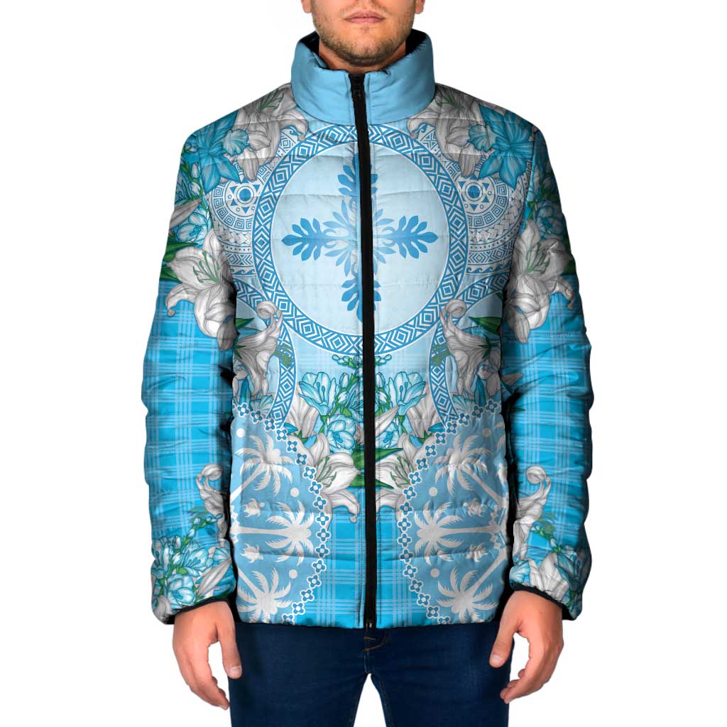 Hawaii Cyan Palaka Padded Jacket With Tapa Pattern Tropical Flowers - Polynesian Pride