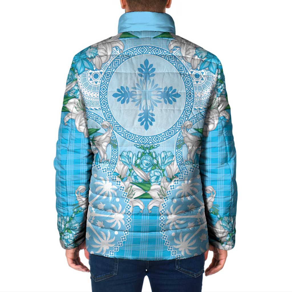 Hawaii Cyan Palaka Padded Jacket With Tapa Pattern Tropical Flowers - Polynesian Pride