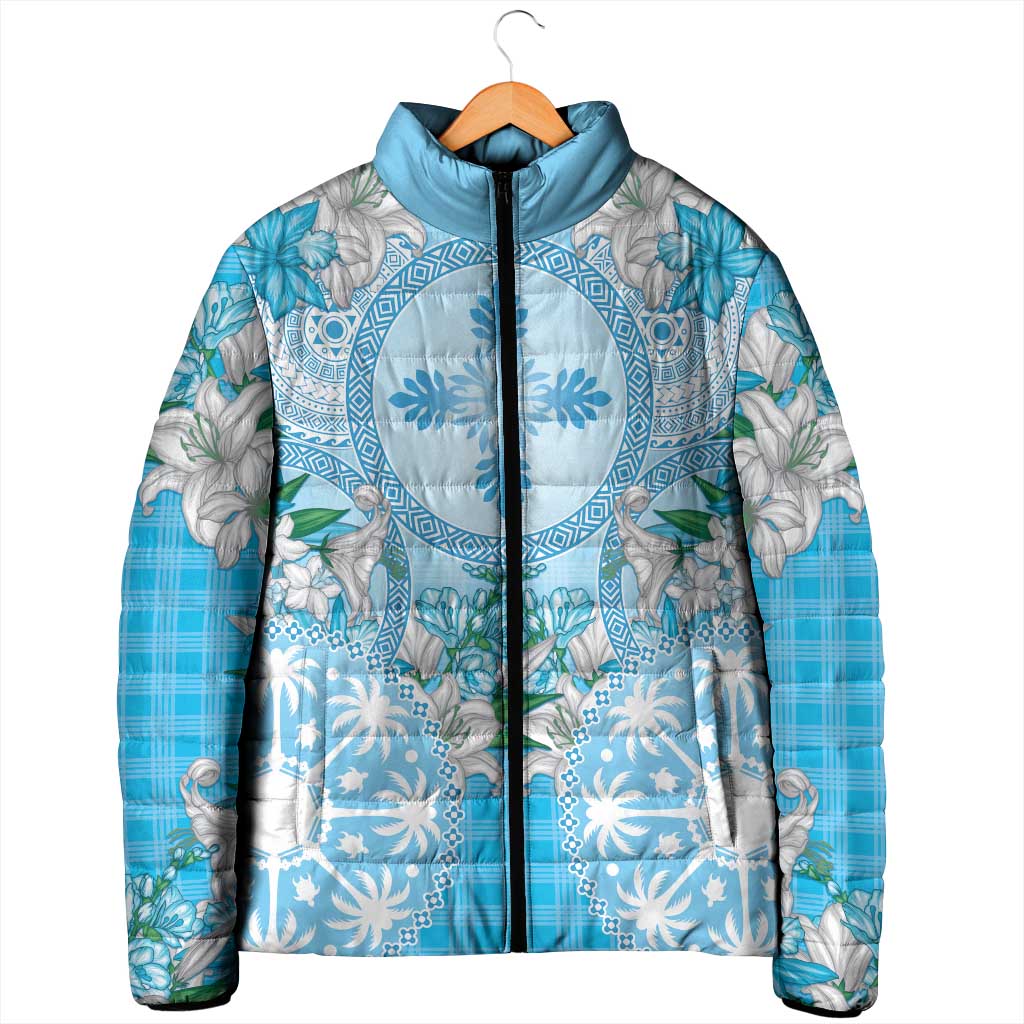 Hawaii Cyan Palaka Padded Jacket With Tapa Pattern Tropical Flowers - Polynesian Pride