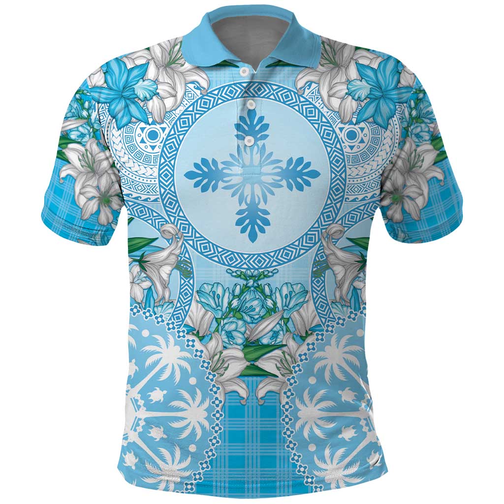 Hawaii Cyan Palaka Polo Shirt With Tapa Pattern Tropical Flowers - Polynesian Pride