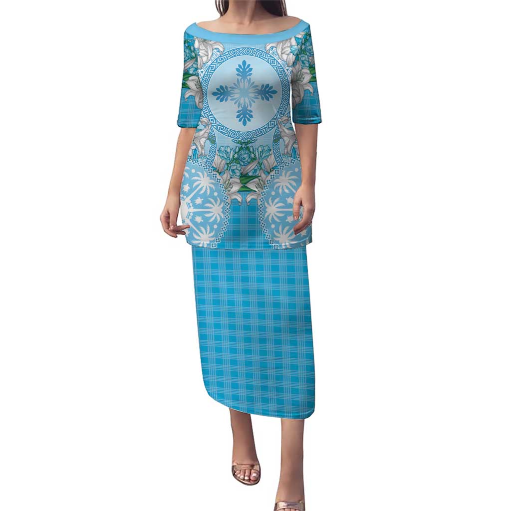 Hawaii Cyan Palaka Puletasi With Tapa Pattern Tropical Flowers - Polynesian Pride