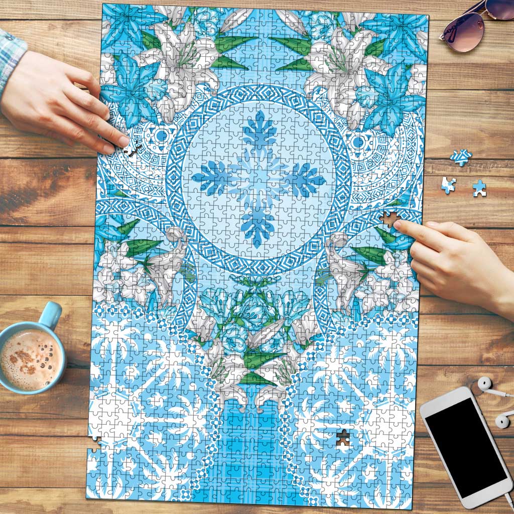 Hawaii Cyan Palaka Puzzle With Tapa Pattern Tropical Flowers - Polynesian Pride