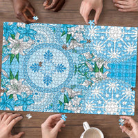 Hawaii Cyan Palaka Puzzle With Tapa Pattern Tropical Flowers - Polynesian Pride