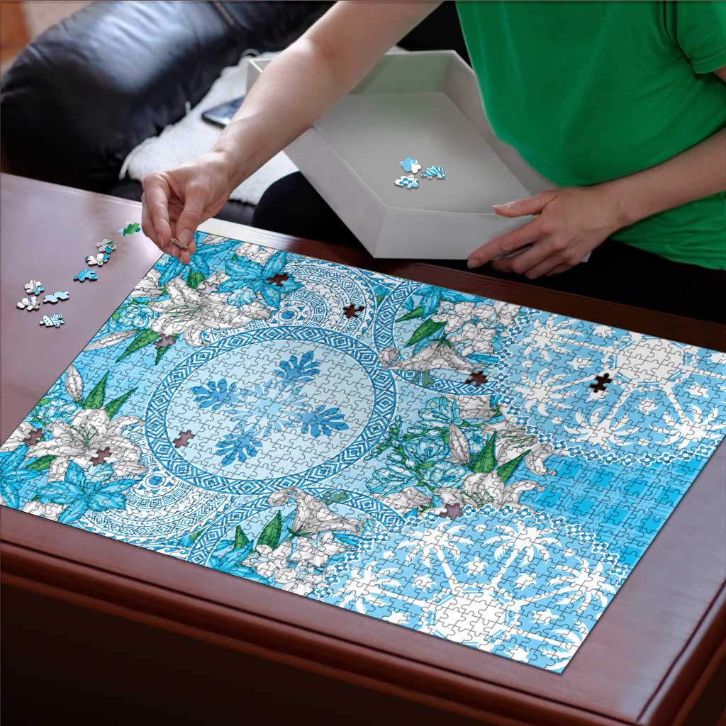Hawaii Cyan Palaka Puzzle With Tapa Pattern Tropical Flowers - Polynesian Pride