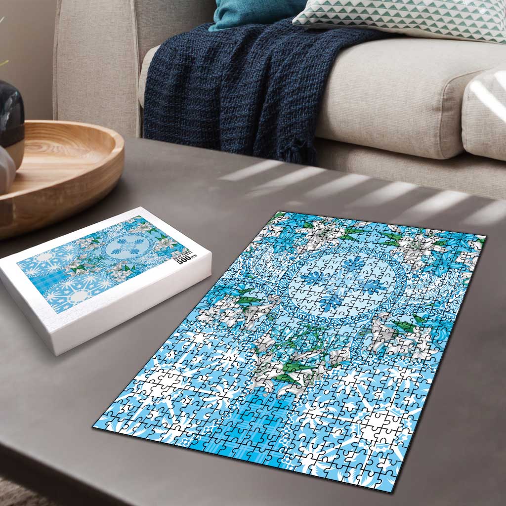 Hawaii Cyan Palaka Puzzle With Tapa Pattern Tropical Flowers - Polynesian Pride