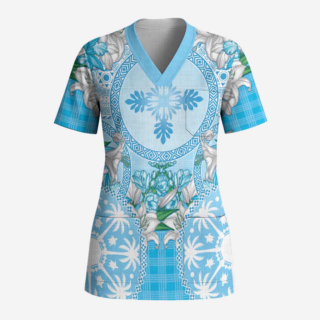Hawaii Cyan Palaka Scrub Top With Tapa Pattern Tropical Flowers - Polynesian Pride