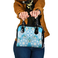 Hawaii Cyan Palaka Shoulder Handbag With Tapa Pattern Tropical Flowers - Polynesian Pride