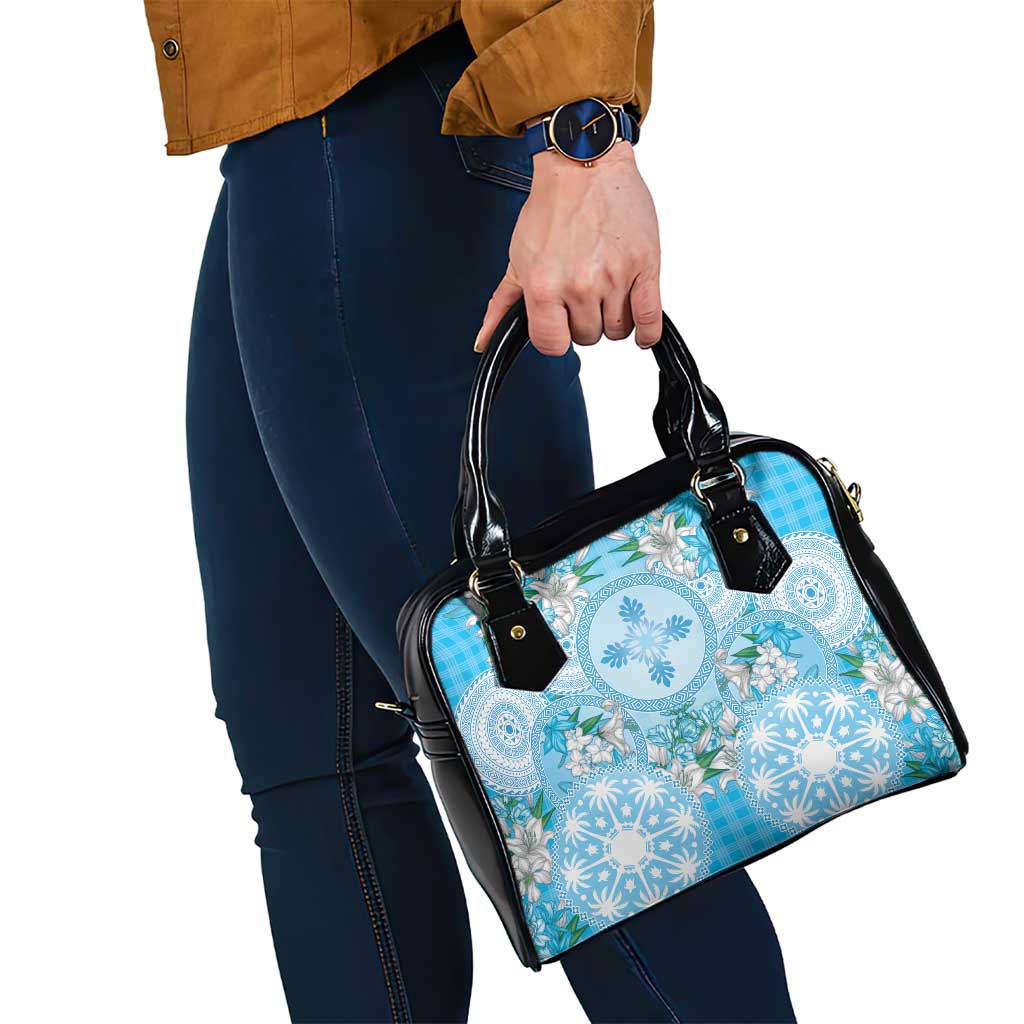 Hawaii Cyan Palaka Shoulder Handbag With Tapa Pattern Tropical Flowers - Polynesian Pride