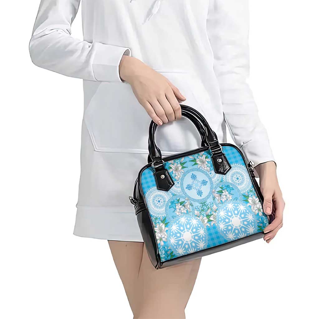 Hawaii Cyan Palaka Shoulder Handbag With Tapa Pattern Tropical Flowers - Polynesian Pride