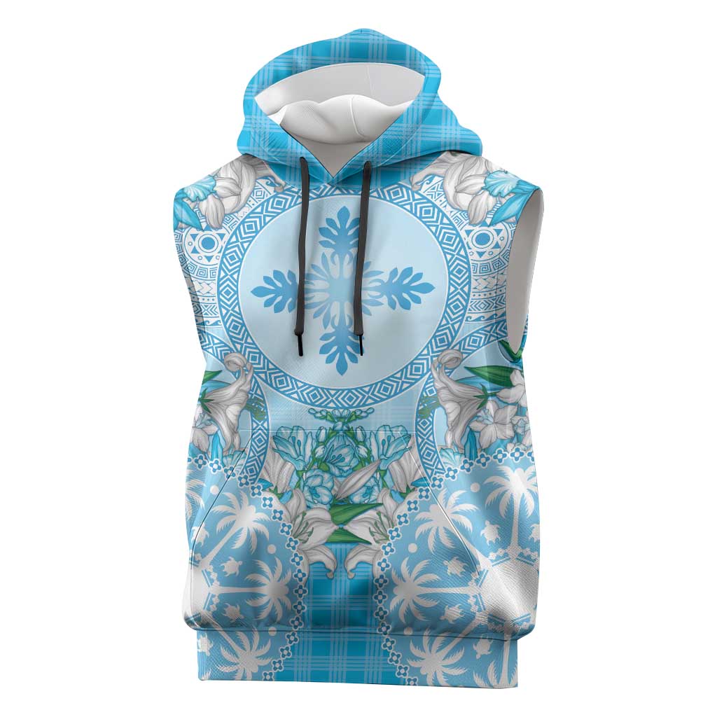 Hawaii Cyan Palaka Sleeveless Hoodie With Tapa Pattern Tropical Flowers - Polynesian Pride