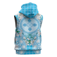Hawaii Cyan Palaka Sleeveless Hoodie With Tapa Pattern Tropical Flowers - Polynesian Pride