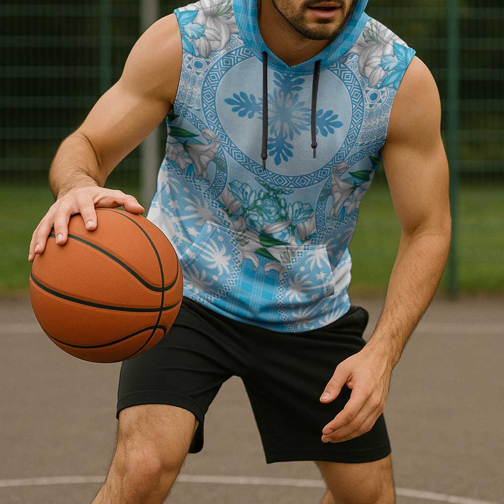 Hawaii Cyan Palaka Sleeveless Hoodie With Tapa Pattern Tropical Flowers - Polynesian Pride