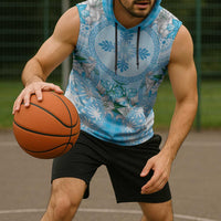 Hawaii Cyan Palaka Sleeveless Hoodie With Tapa Pattern Tropical Flowers - Polynesian Pride