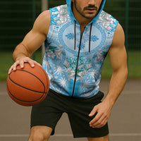 Hawaii Cyan Palaka Sleeveless Zip Hoodie With Tapa Pattern Tropical Flowers - Polynesian Pride