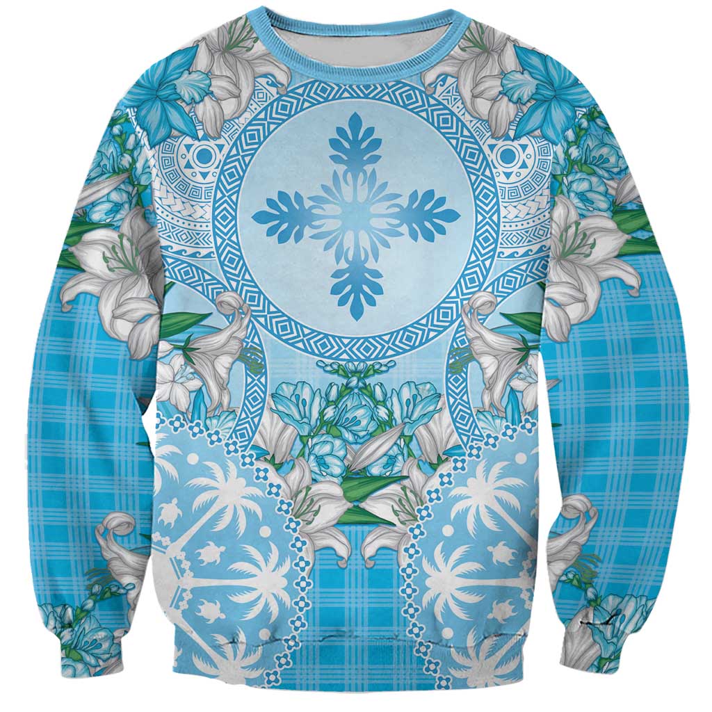Hawaii Cyan Palaka Sweatshirt With Tapa Pattern Tropical Flowers - Polynesian Pride