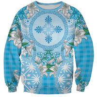 Hawaii Cyan Palaka Sweatshirt With Tapa Pattern Tropical Flowers - Polynesian Pride