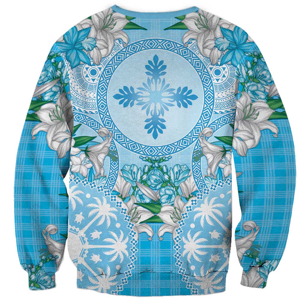 Hawaii Cyan Palaka Sweatshirt With Tapa Pattern Tropical Flowers - Polynesian Pride