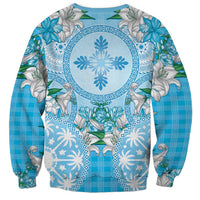 Hawaii Cyan Palaka Sweatshirt With Tapa Pattern Tropical Flowers - Polynesian Pride