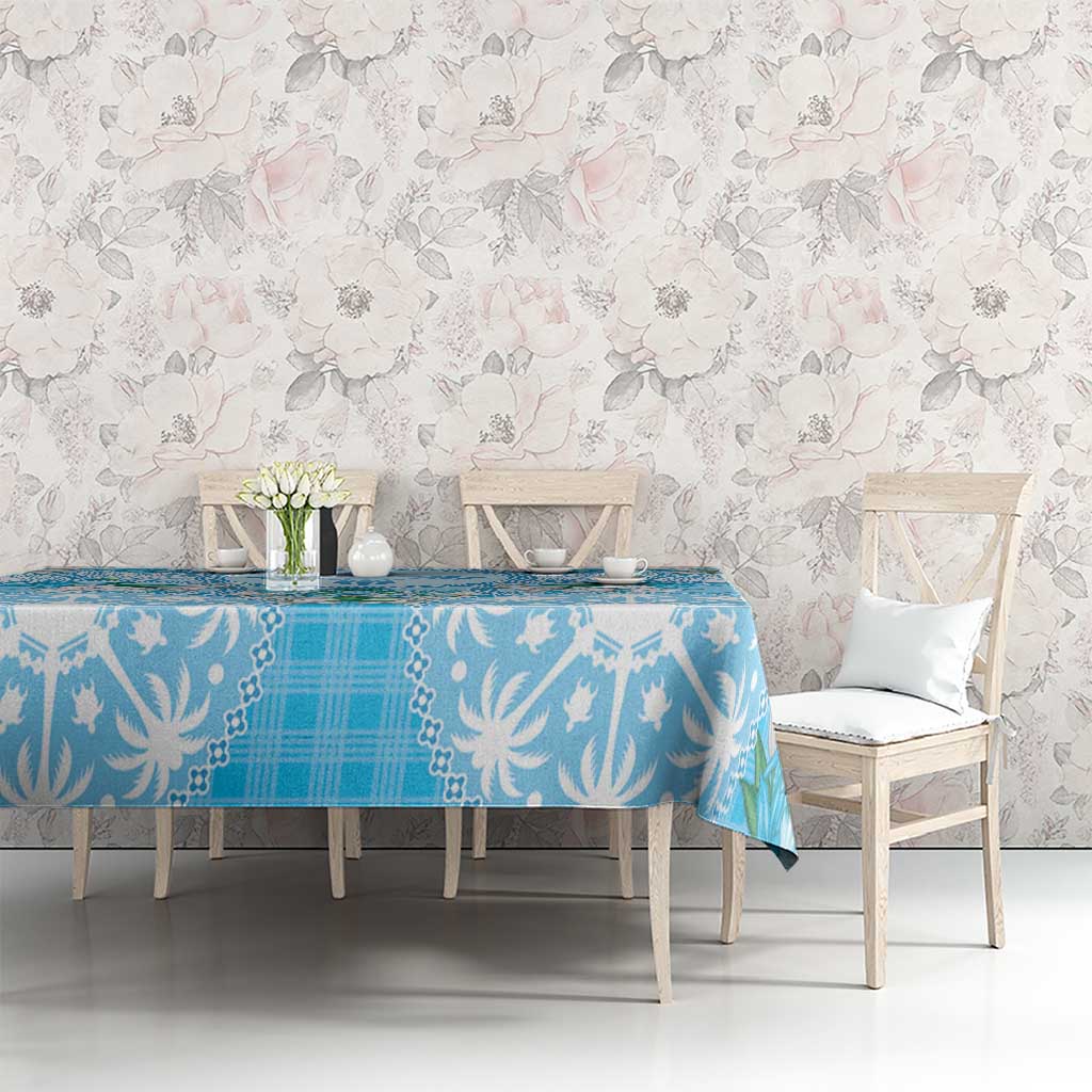 Hawaii Cyan Palaka Tablecloth With Tapa Pattern Tropical Flowers - Polynesian Pride