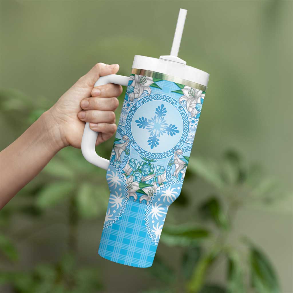 Hawaii Cyan Palaka Tumbler With Handle With Tapa Pattern Tropical Flowers - Polynesian Pride