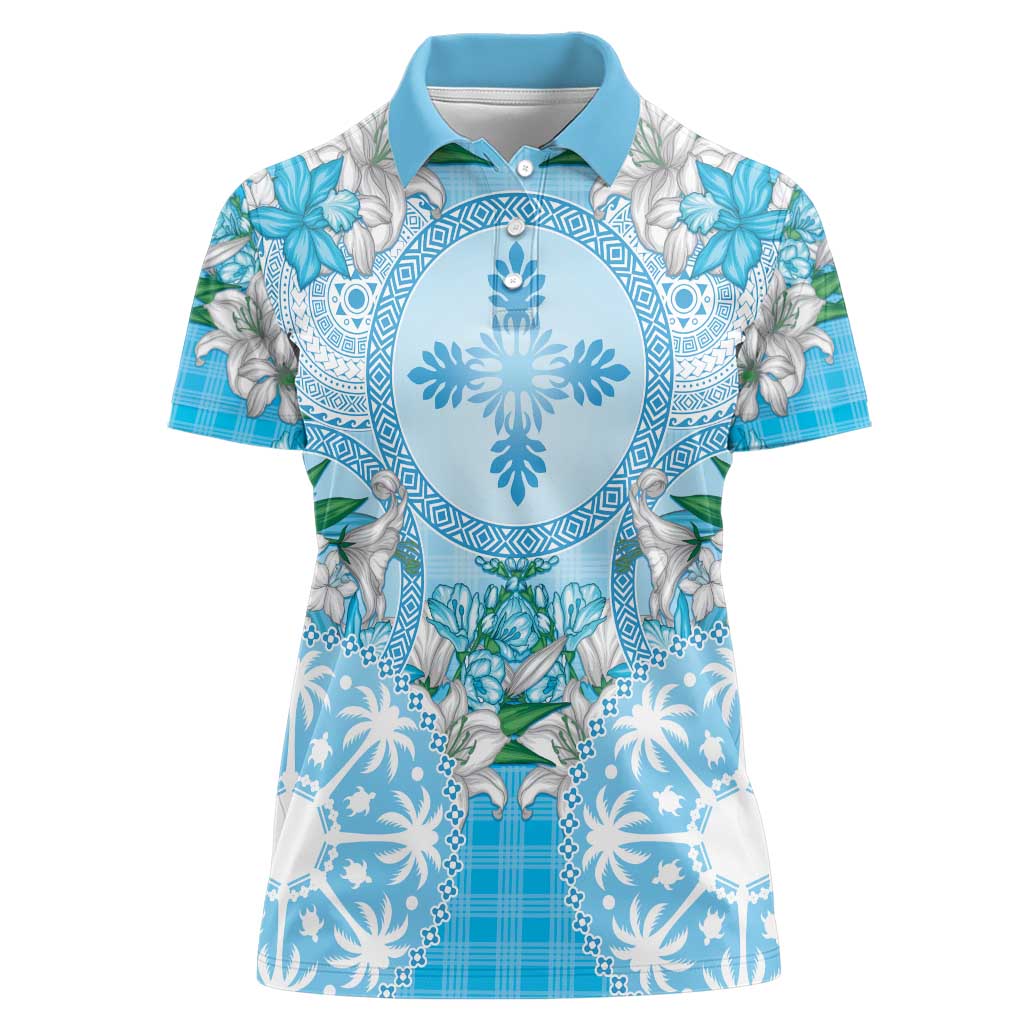 Hawaii Cyan Palaka Women Polo Shirt With Tapa Pattern Tropical Flowers LT05 Female Cyan - Polynesian Pride