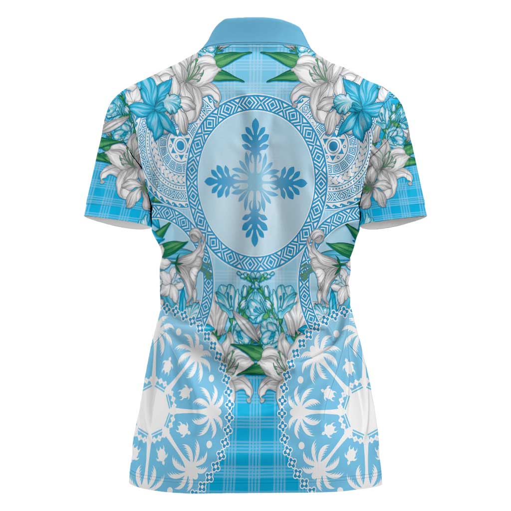 Hawaii Cyan Palaka Women Polo Shirt With Tapa Pattern Tropical Flowers LT05 - Polynesian Pride
