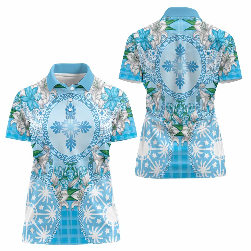 Hawaii Cyan Palaka Women Polo Shirt With Tapa Pattern Tropical Flowers LT05 - Polynesian Pride