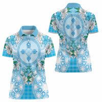 Hawaii Cyan Palaka Women Polo Shirt With Tapa Pattern Tropical Flowers LT05 - Polynesian Pride