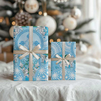 Hawaii Cyan Palaka Wrapping Paper With Tapa Pattern Tropical Flowers - Polynesian Pride
