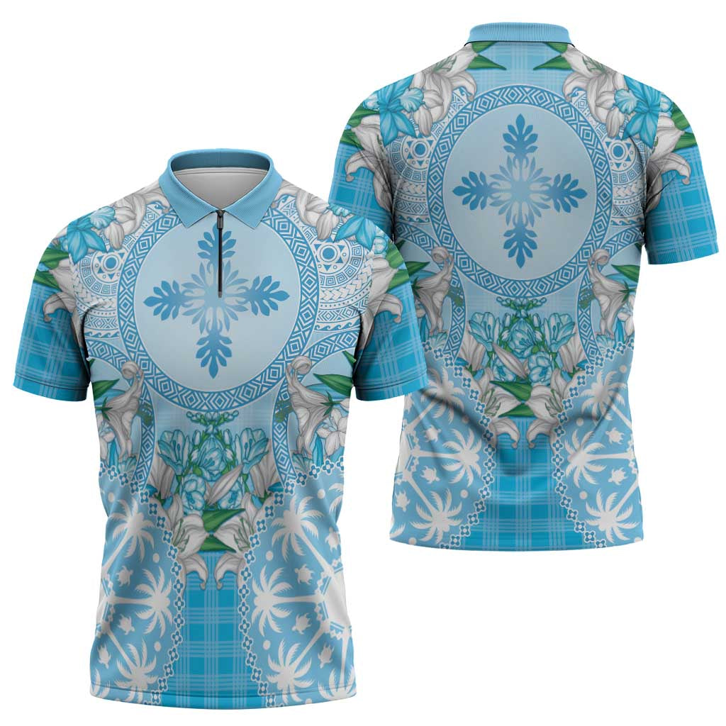 Hawaii Cyan Palaka Zipper Polo Shirt With Tapa Pattern Tropical Flowers - Polynesian Pride