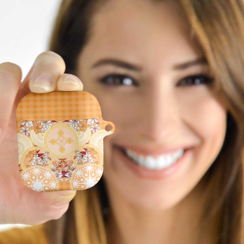 Hawaii Peach Palaka AirPods Case With Tapa Pattern Tropical Flowers - Polynesian Pride