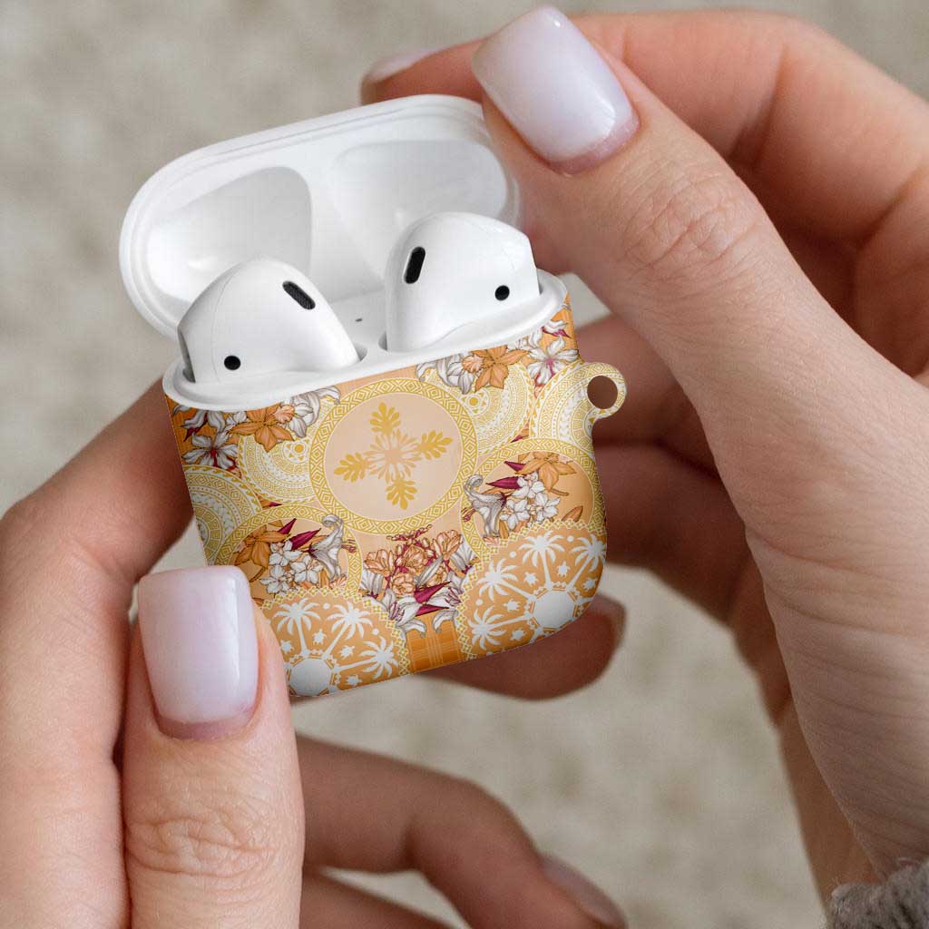 Hawaii Peach Palaka AirPods Case With Tapa Pattern Tropical Flowers - Polynesian Pride