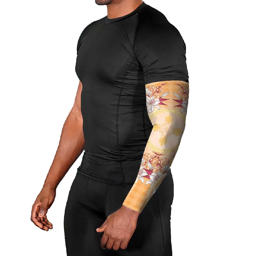 Hawaii Peach Palaka Arm Sleeves With Tapa Pattern Tropical Flowers - Polynesian Pride