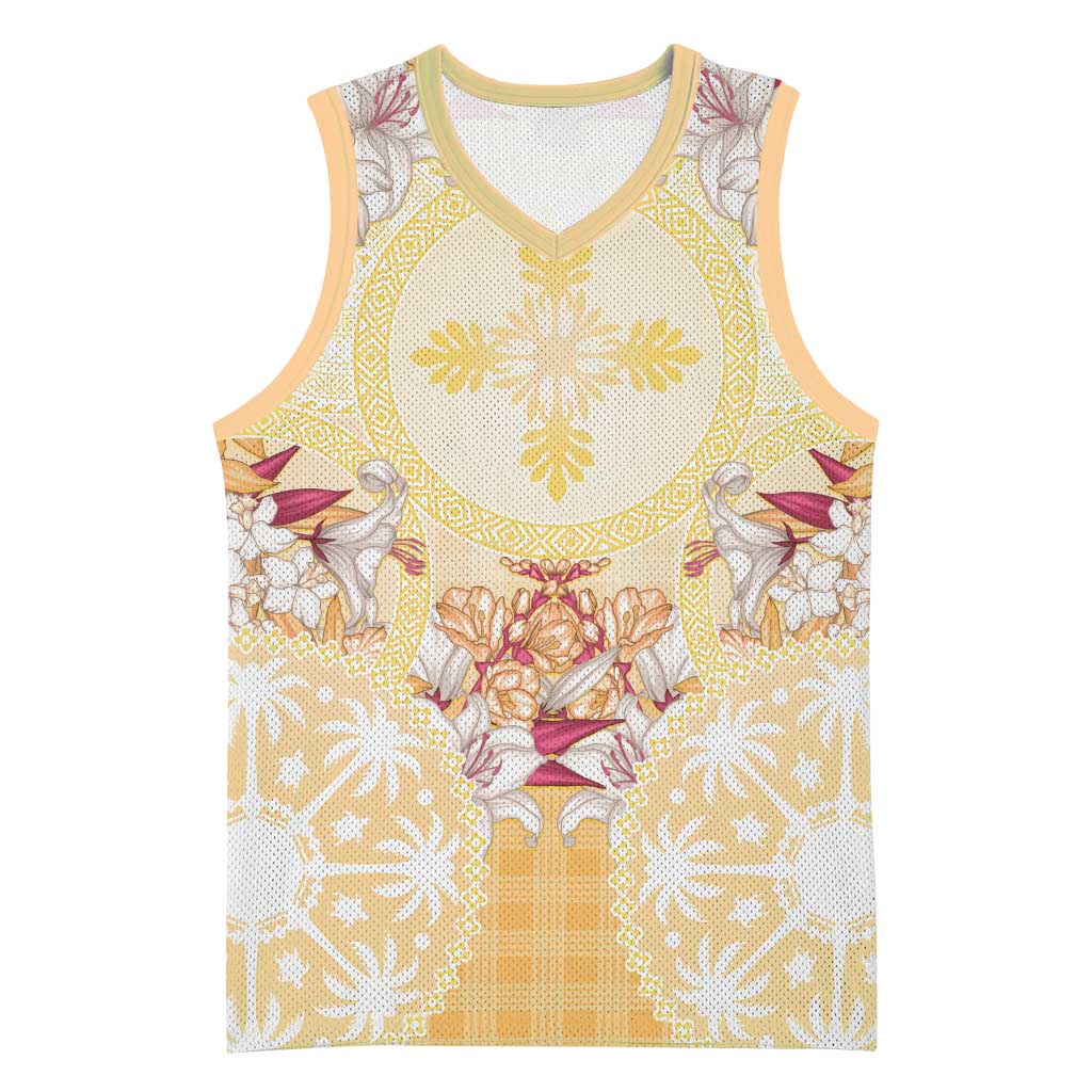 Hawaii Peach Palaka Basketball Jersey With Tapa Pattern Tropical Flowers - Polynesian Pride