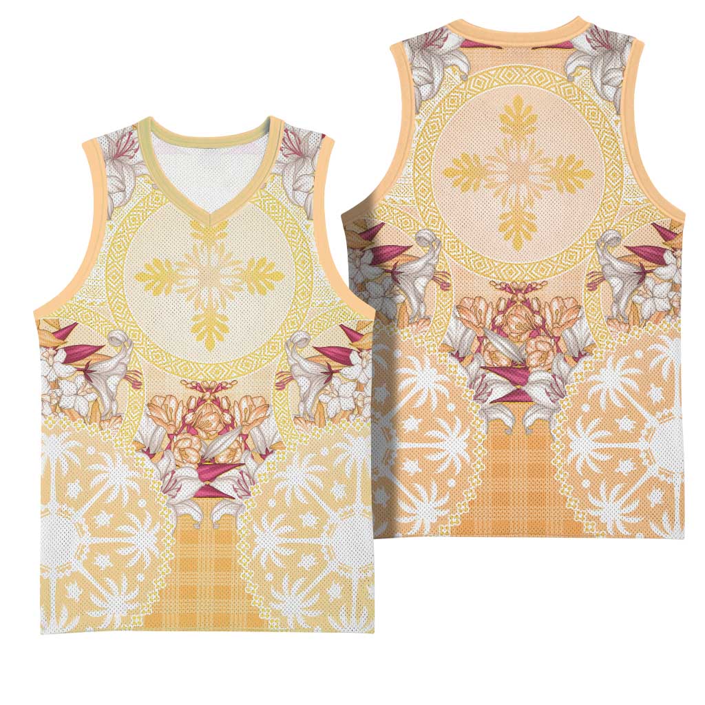 Hawaii Peach Palaka Basketball Jersey With Tapa Pattern Tropical Flowers - Polynesian Pride