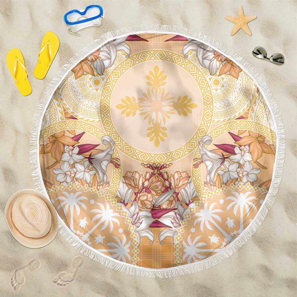 Hawaii Peach Palaka Beach Blanket With Tapa Pattern Tropical Flowers - Polynesian Pride