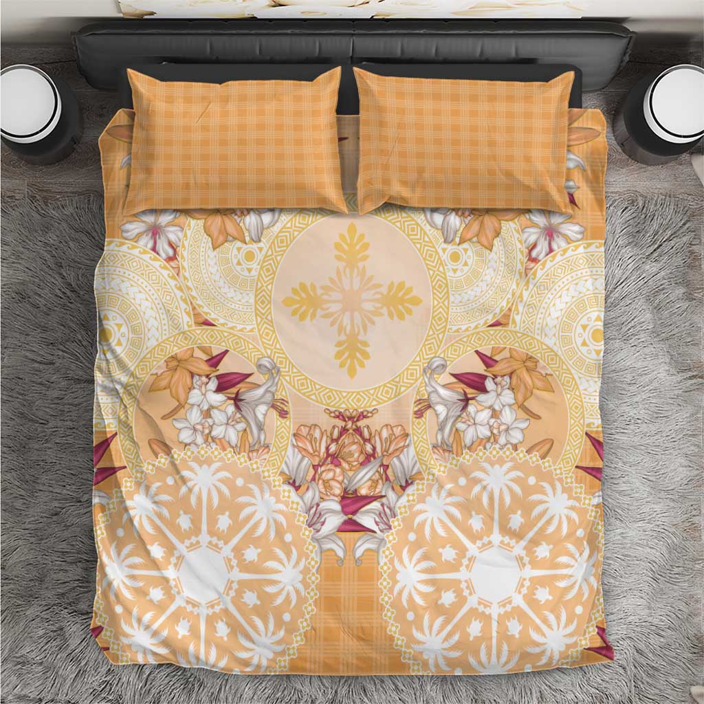 Hawaii Peach Palaka Bedding Set With Tapa Pattern Tropical Flowers - Polynesian Pride
