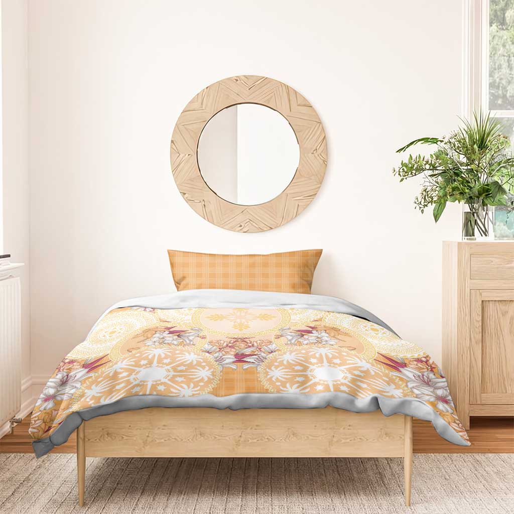 Hawaii Peach Palaka Bedding Set With Tapa Pattern Tropical Flowers - Polynesian Pride