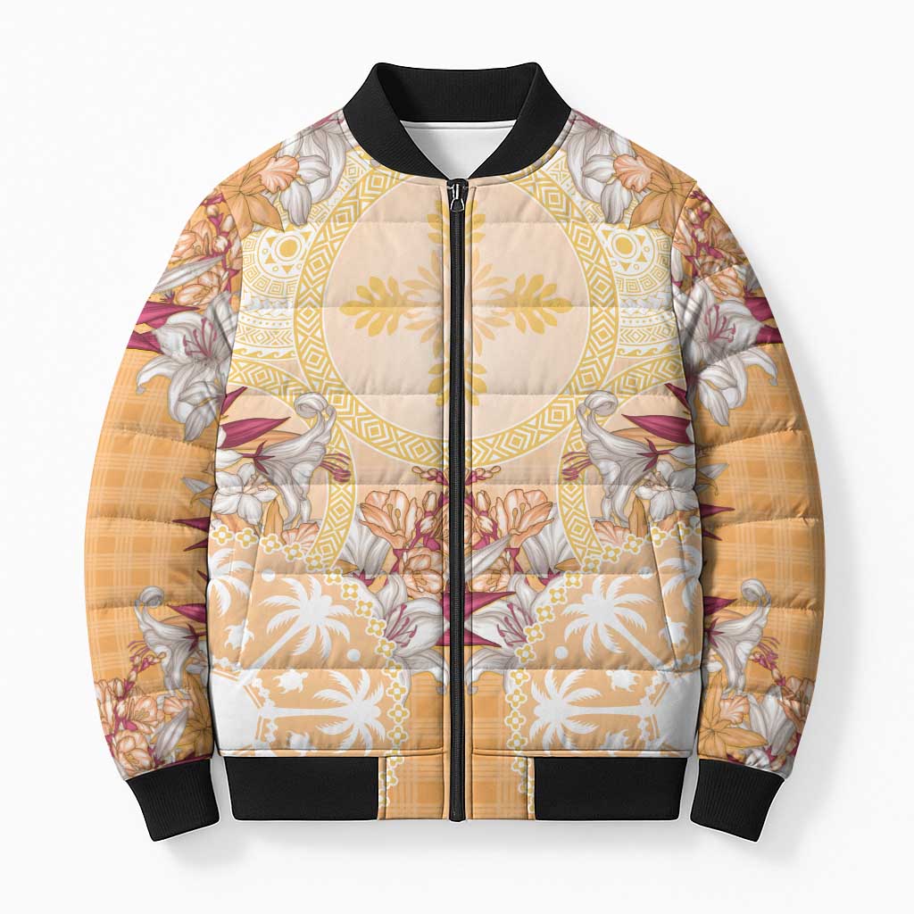 Hawaii Peach Palaka Bomber Puffer Jacket With Tapa Pattern Tropical Flowers - Polynesian Pride