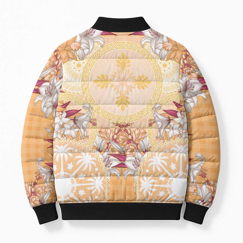 Hawaii Peach Palaka Bomber Puffer Jacket With Tapa Pattern Tropical Flowers - Polynesian Pride