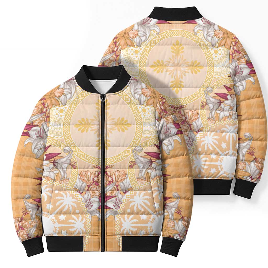 Hawaii Peach Palaka Bomber Puffer Jacket With Tapa Pattern Tropical Flowers - Polynesian Pride