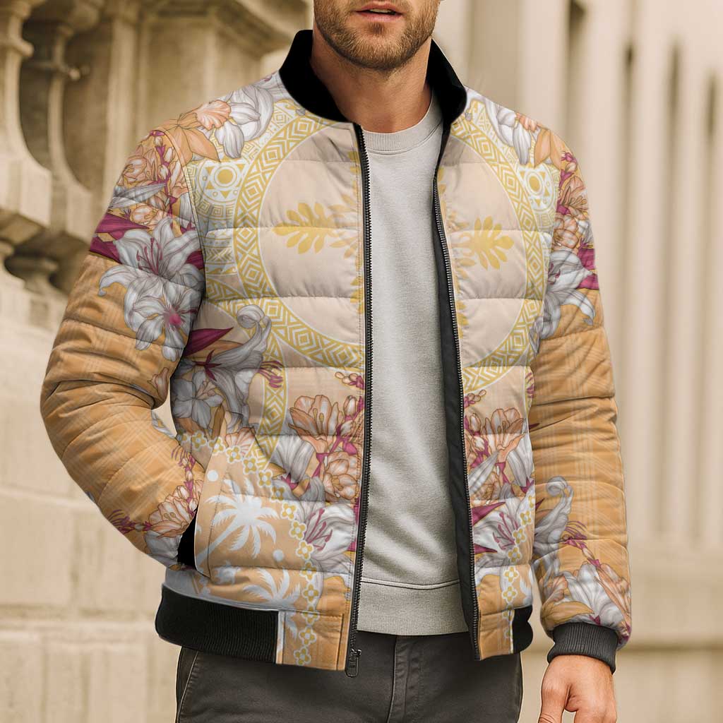 Hawaii Peach Palaka Bomber Puffer Jacket With Tapa Pattern Tropical Flowers - Polynesian Pride